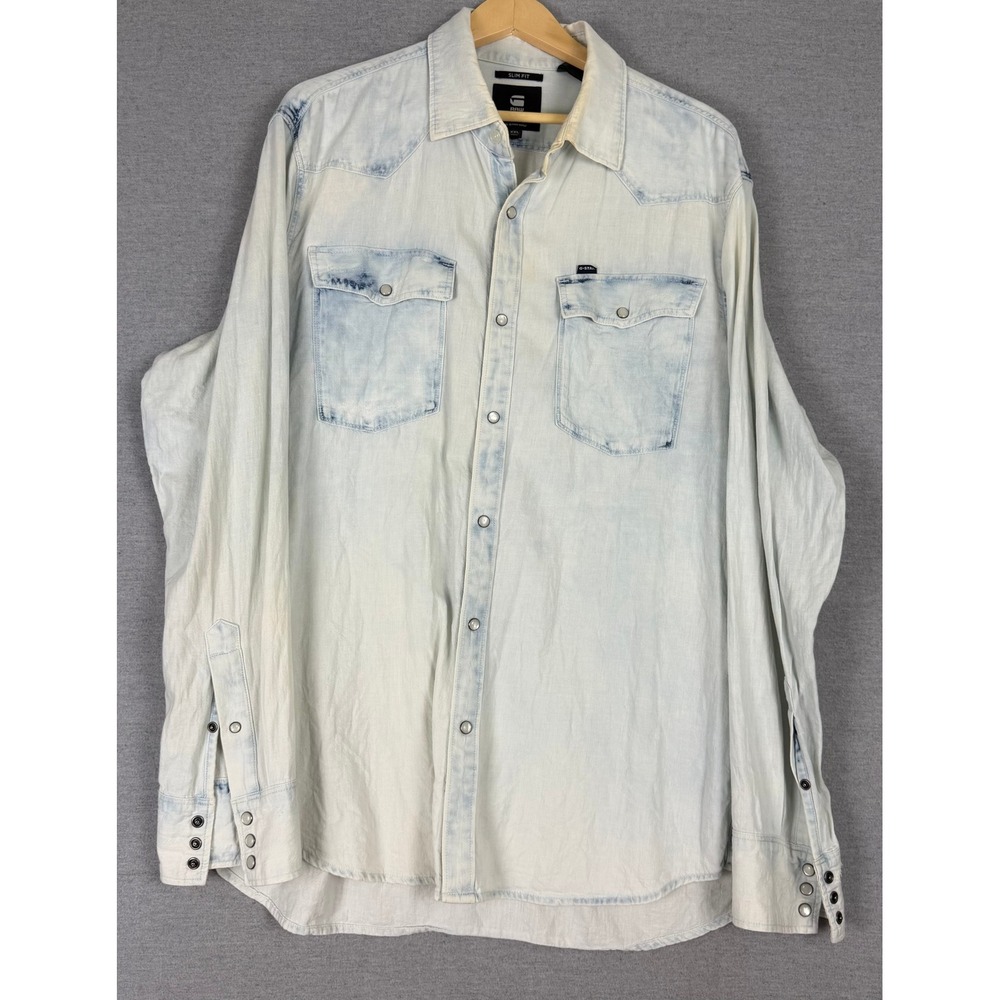 G-Star Raw Mens XXL Slim Fit Denim Western Shirt Light Wash Pearl Snap